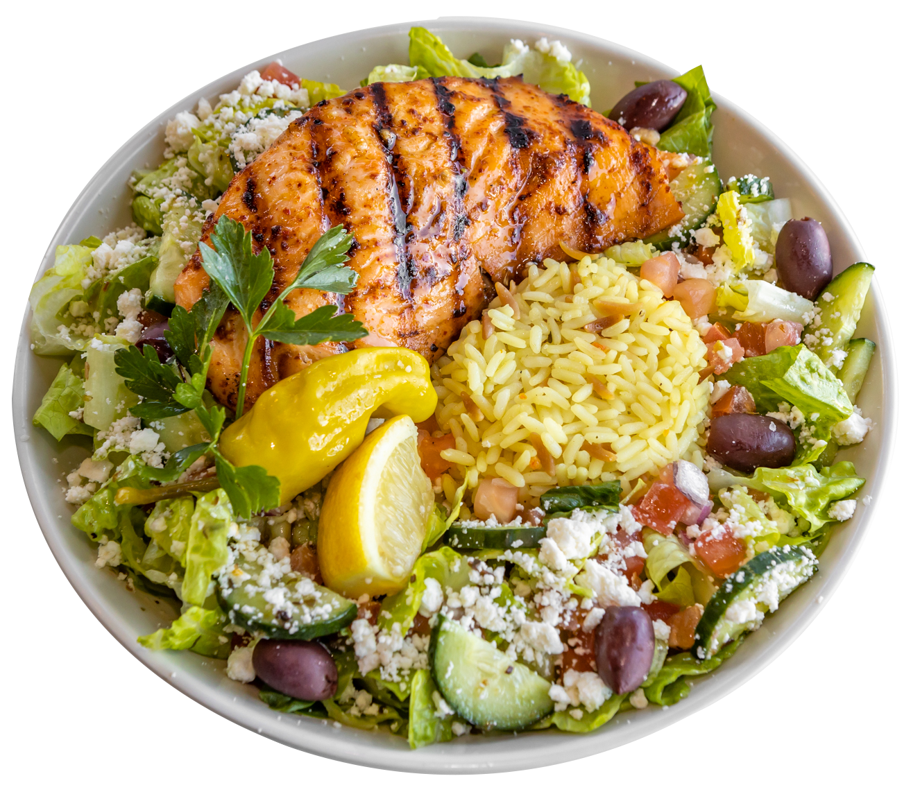 Grilled salmon bowl with Greek salad, rice and feta